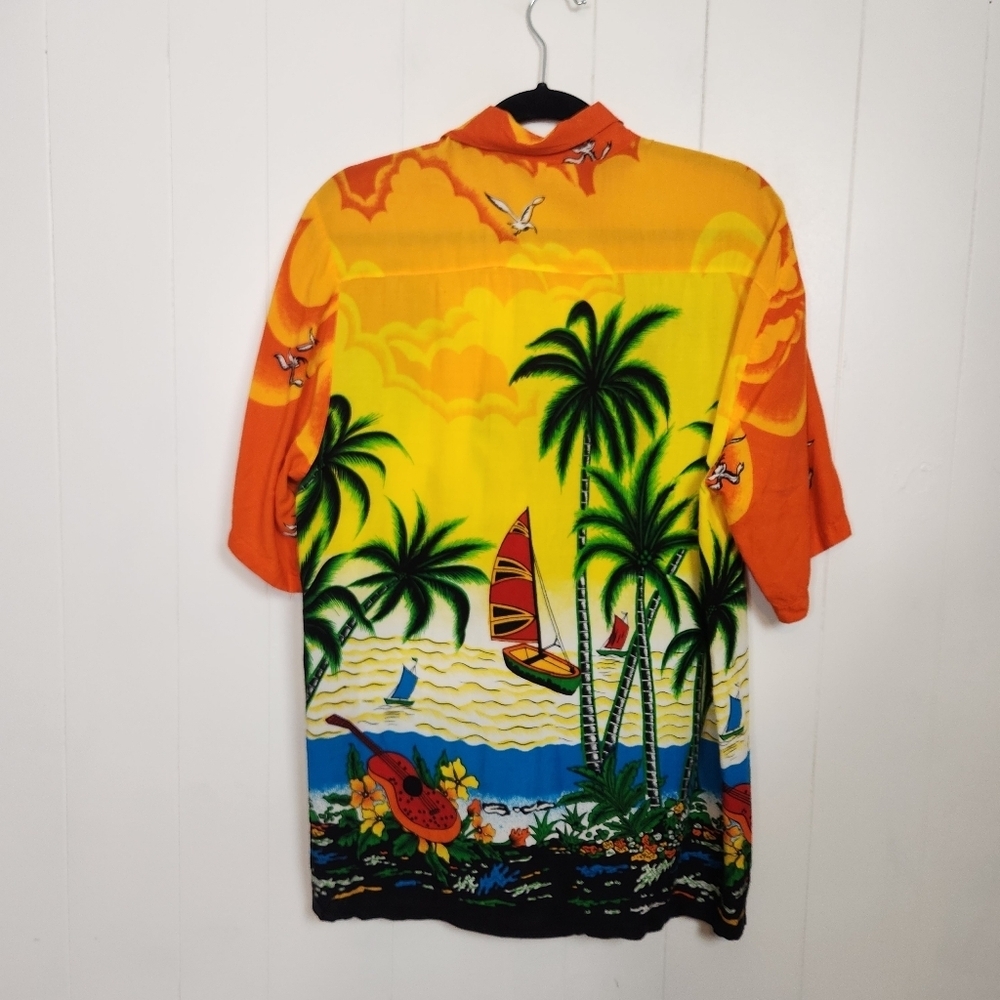 Vintage Hawaii Orange Aloha Shirt Mens Size XL Tropical Beach Sunset Ukulele 90s - Picture 4 of 12
